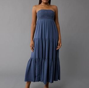 American Eagle Blue Strapless Crochet Babydoll Maxi Dress, M